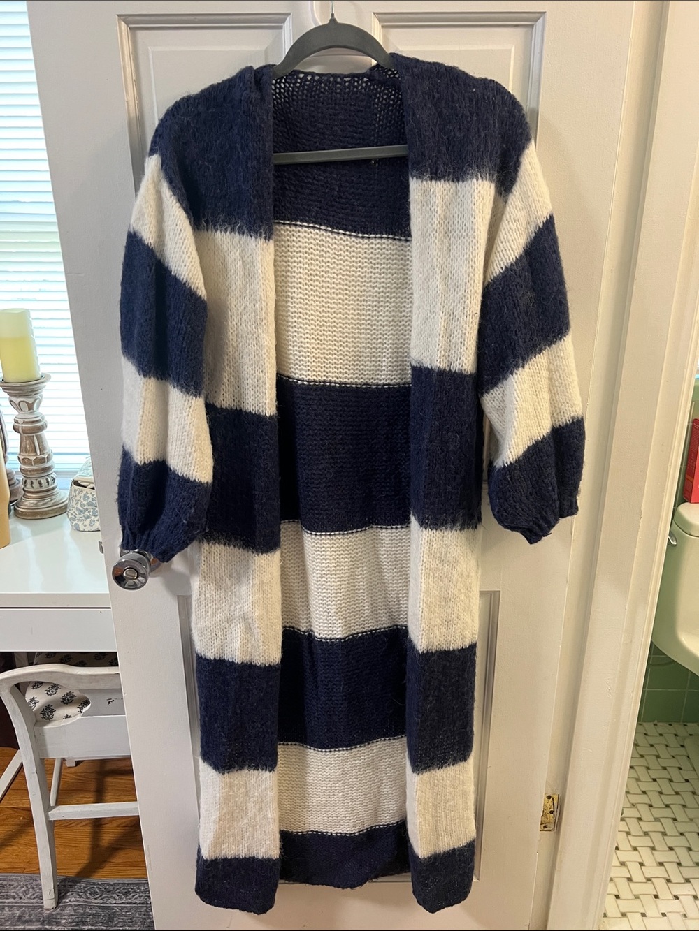 Striped Open-Front Long Cardigan Sweater - Navy & Cream
